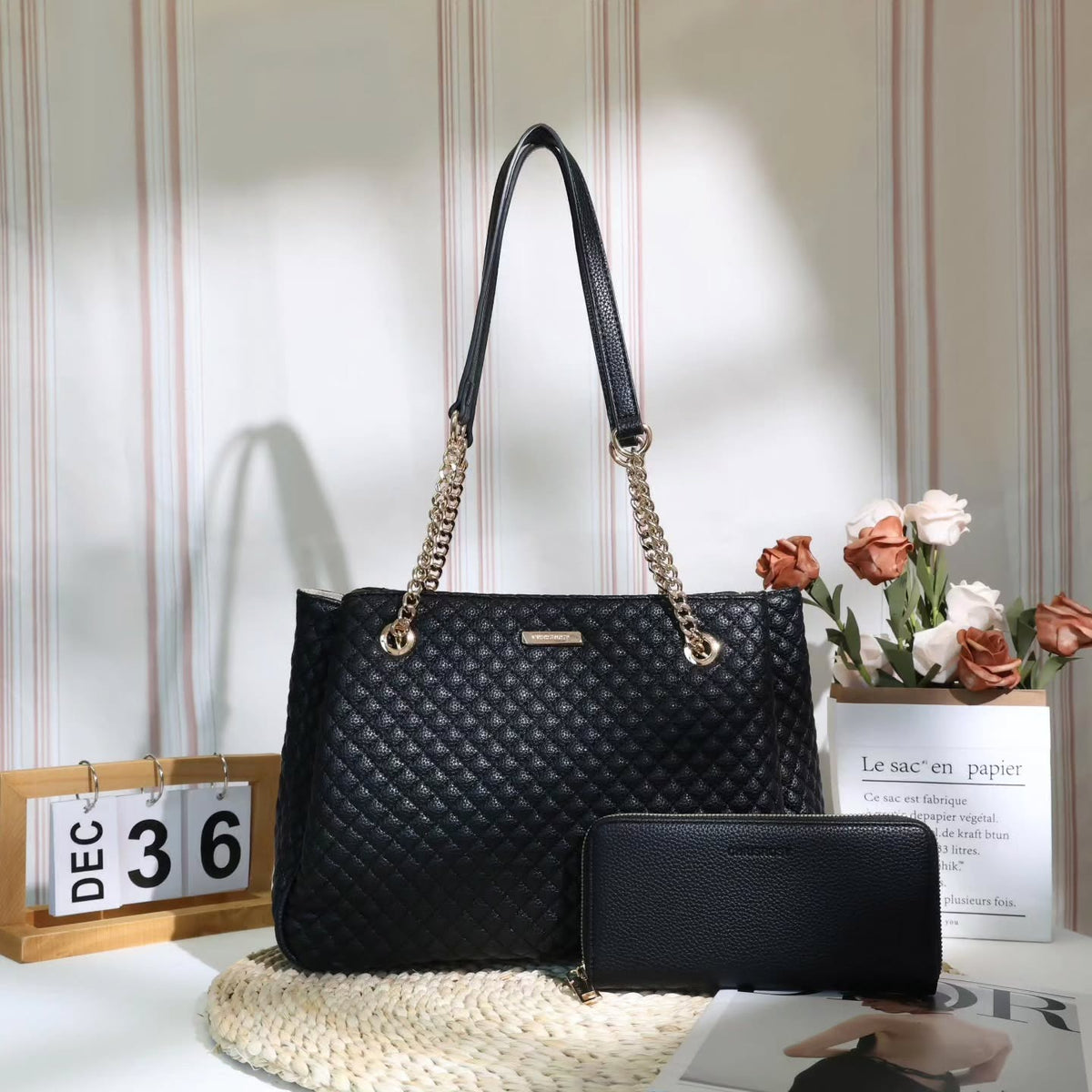 Sac à main matelassé avec portefeuille assorti